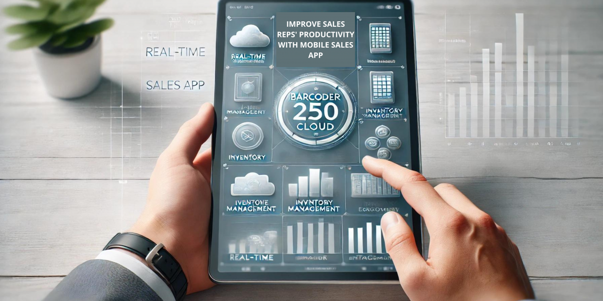 Tablet displaying the Barcoder 250 Cloud Mobile Sales App interface with a minimalistic background.