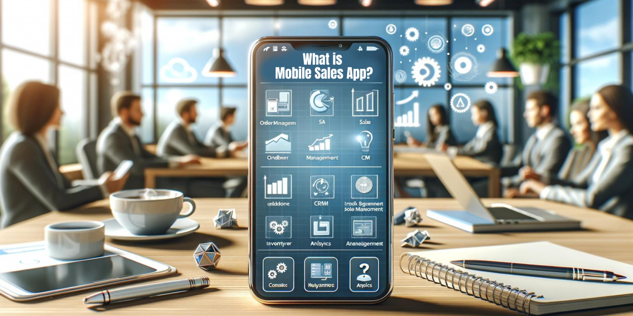 A modern office desk with a smartphone displaying a sales dashboard, featuring charts, graphs, and icons for order management, CRM, inventory management, and analytics. The background shows a blurred office environment with a laptop, notepad, and coffee cup.